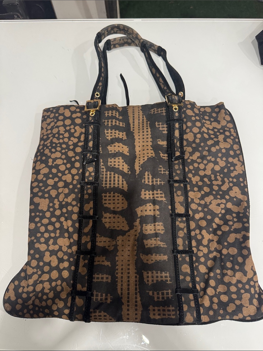 Tory Burch Black and Brown Patterned Tote with Tassel - Picture 5 of 9